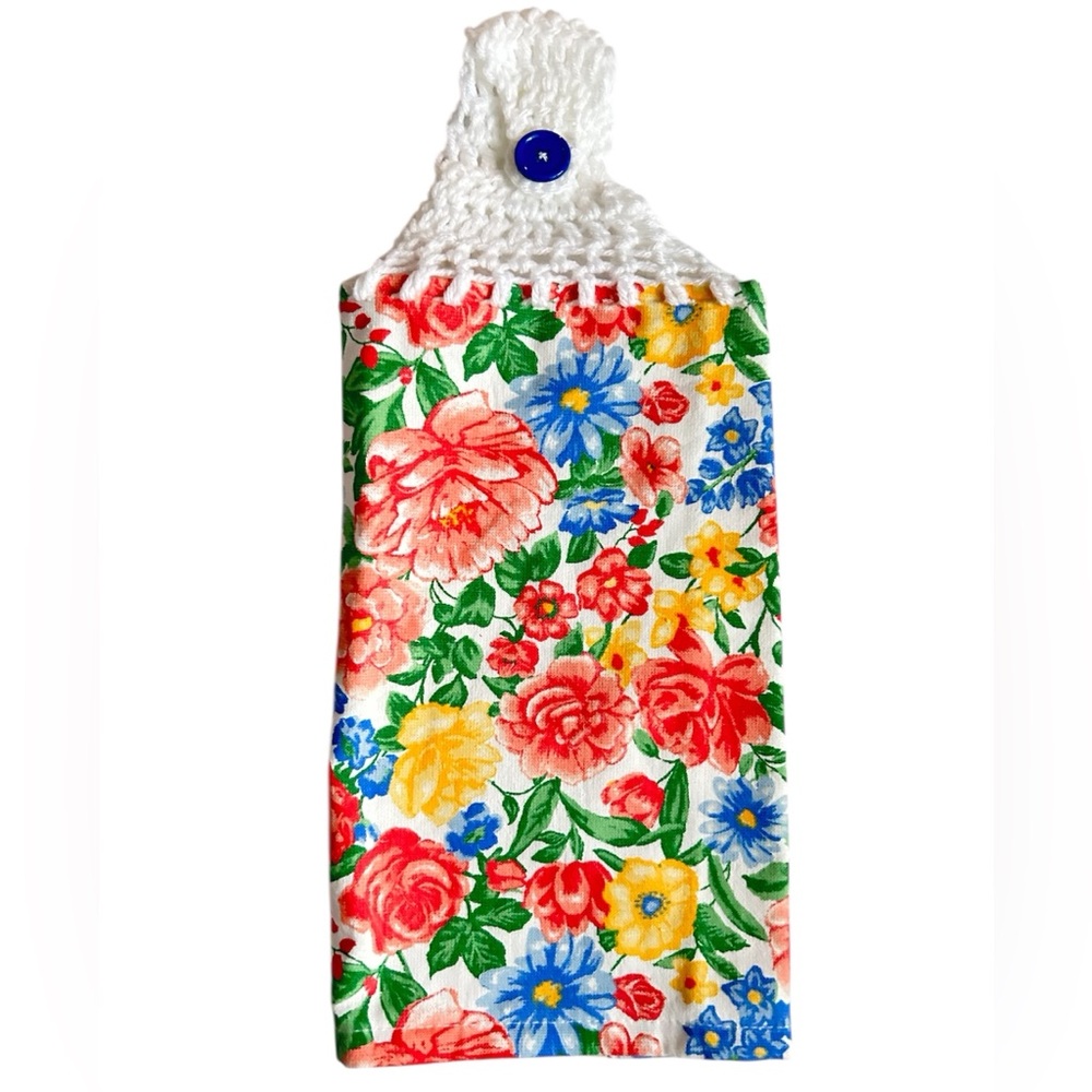 Hand Crafted Colorful Floral Hanging Kitchen Hand Towel with White Crochet Top